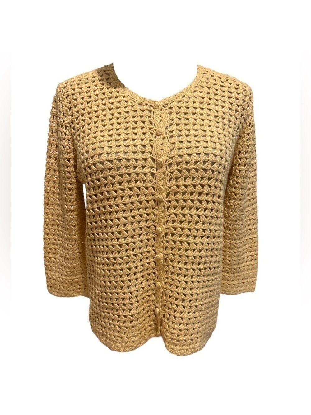 70s CASUAL CORNER CREAM CROCHET CARDIGAN SWEATER W 3/4 SLEEVES LAGENLOOK SZ S
